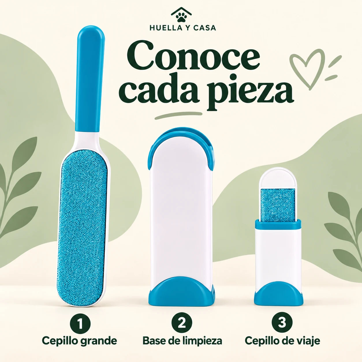 Piezas mostradas: cepillo grande, base de limpieza y cepillo de viaje.