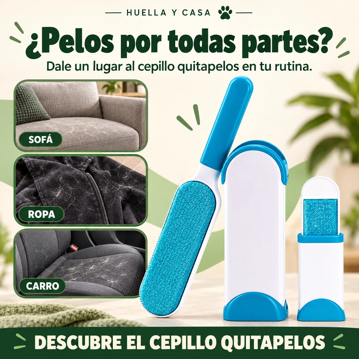 Cepillo quitapelos para sofá, ropa y carro.