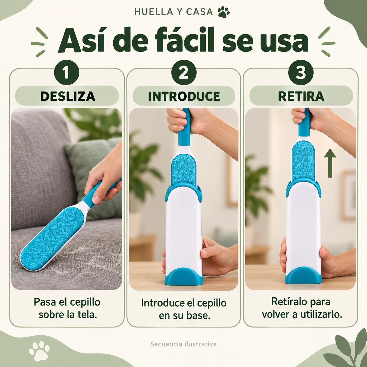 Tres pasos: desliza sobre la tela, introduce en la base y retira.